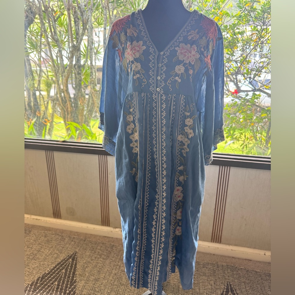 Johnny Was Nalina Kimono Dress Blue Embroidered Ramie XXS Boho